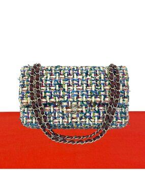 Chanel Double Flap CC Logo Tweed Chain Shoulder Bag Multicolor